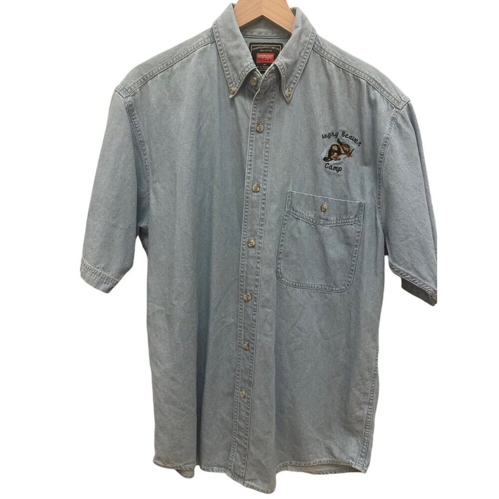 Wrangler Hero Mens Denim Shirt Embroidered Angry Beaver Camp Sz M VF Imagewear